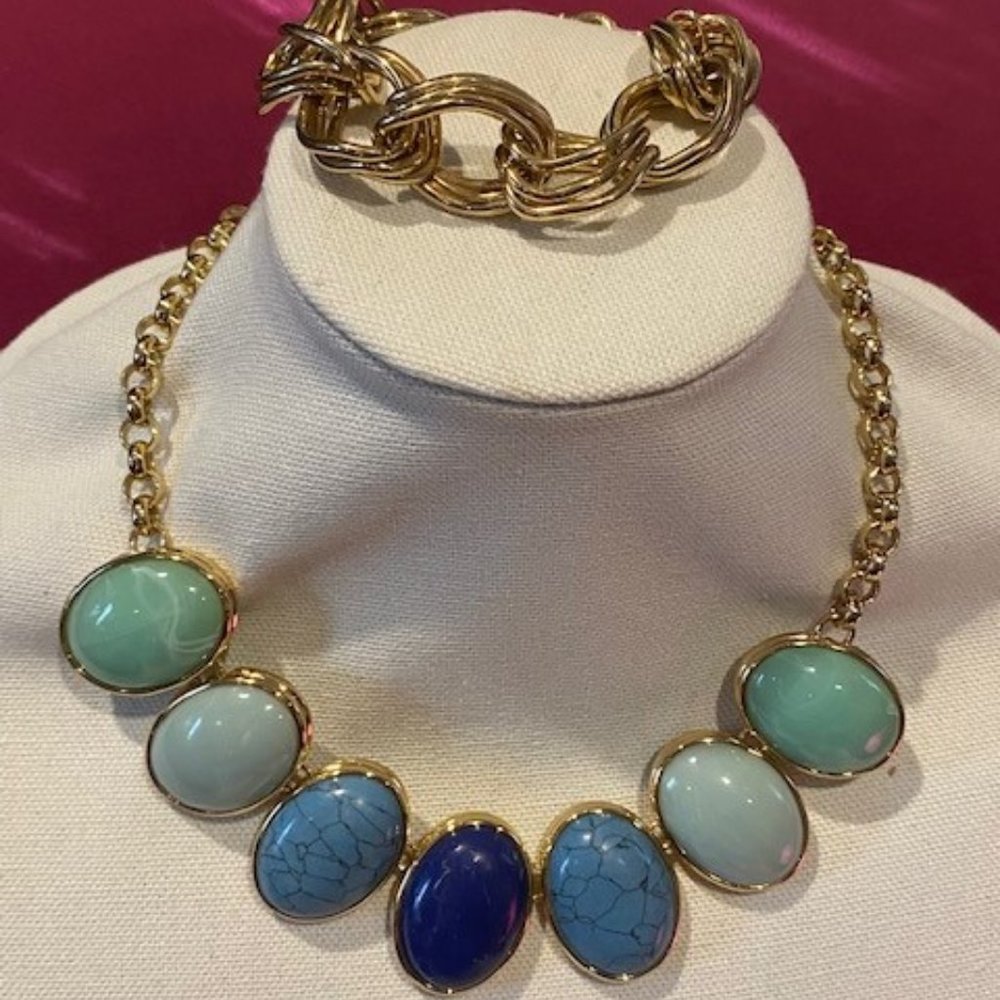 VTG TALBOTS Gold Blue Stone Statement Necklace and Bracelet SET